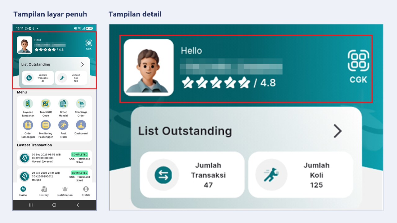 Halaman Home aplikasi petugas menampilkan nama, rating, dan kode bandara