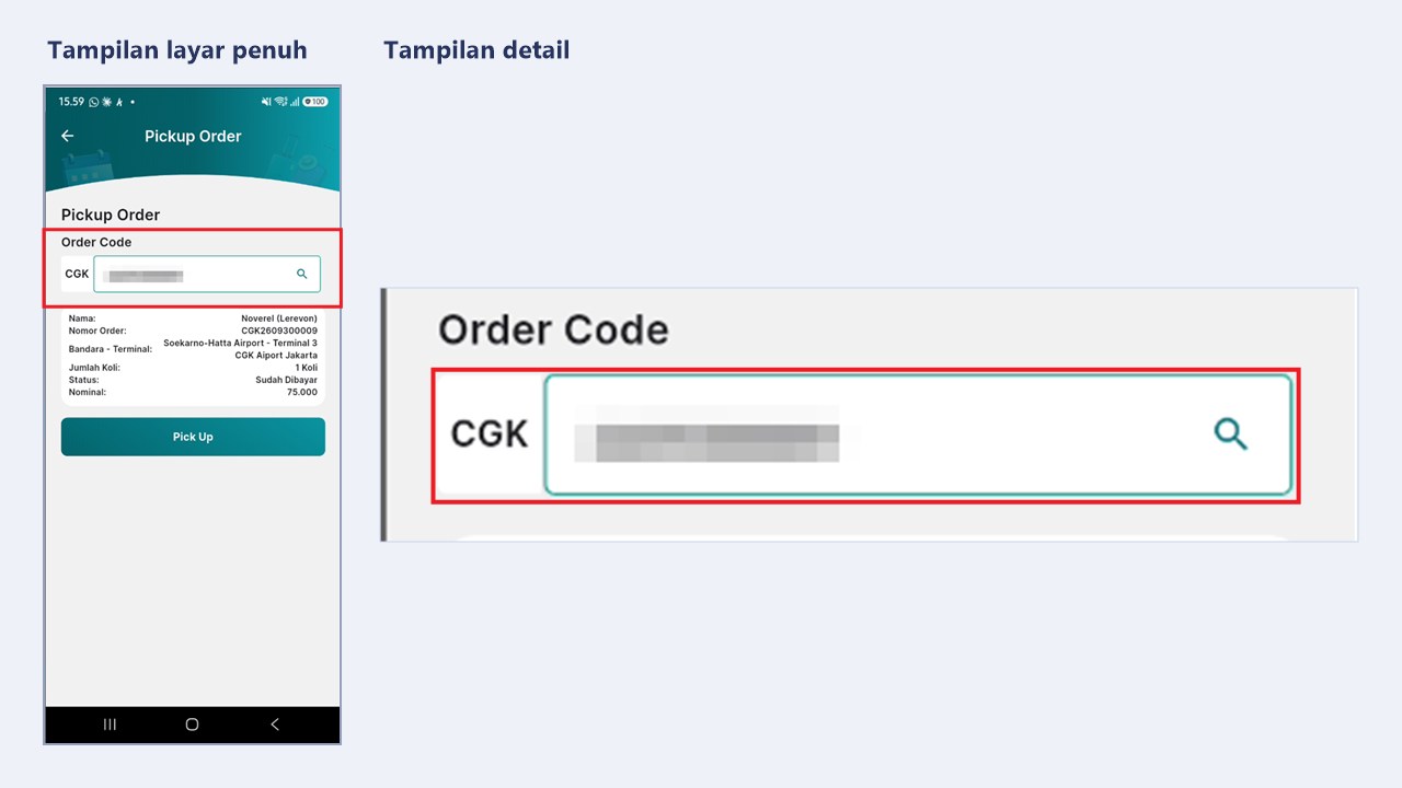 Kolom Order Code pada halaman Pickup Order