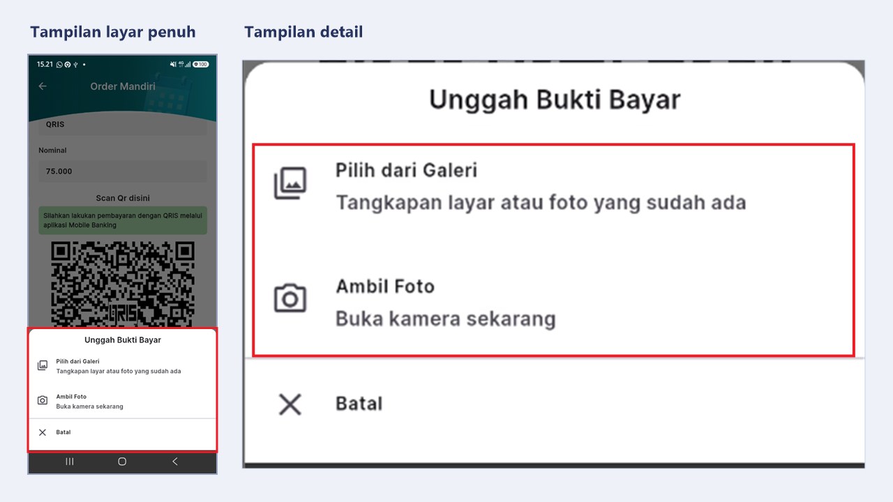 Jendela Unggah Bukti Bayar dengan pilihan Pilih dari Galeri dan Ambil Foto