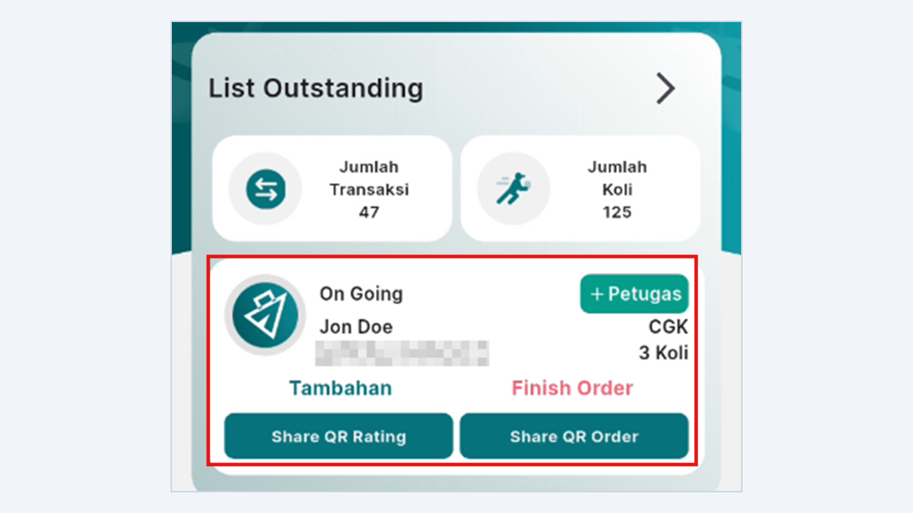Halaman utama aplikasi petugas menampilkan kartu On Going pada List Outstanding