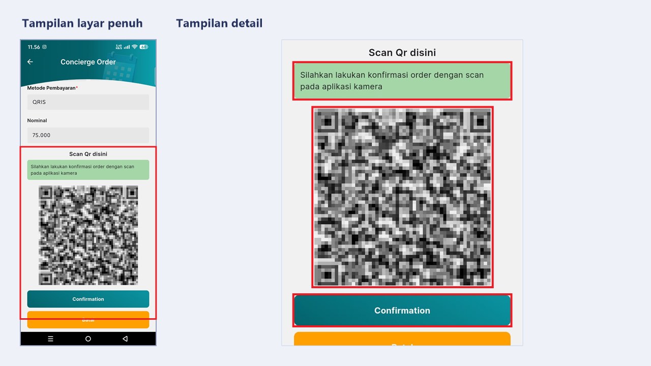 Halaman QR konfirmasi Concierge Order dengan pesan scan pada aplikasi kamera dan tombol Confirmation