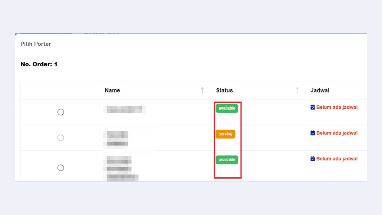 Jendela Pilih Porter dengan daftar porter berstatus available dan serving