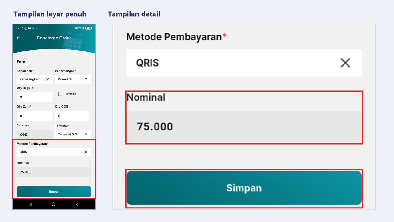 Kolom Nominal dan tombol Simpan pada formulir Concierge Order