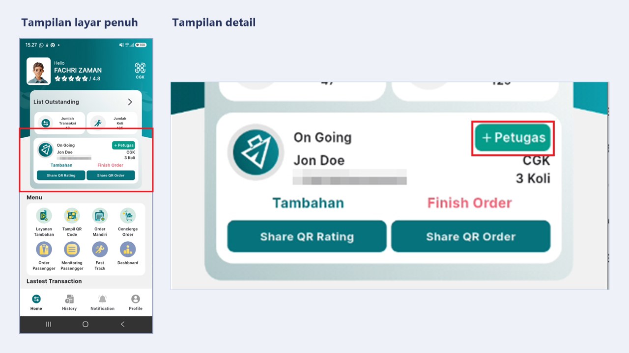 Tombol +Petugas pada kartu On Going di halaman Home aplikasi petugas