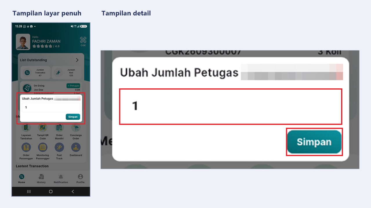 Jendela Ubah Jumlah Petugas dengan tombol Simpan