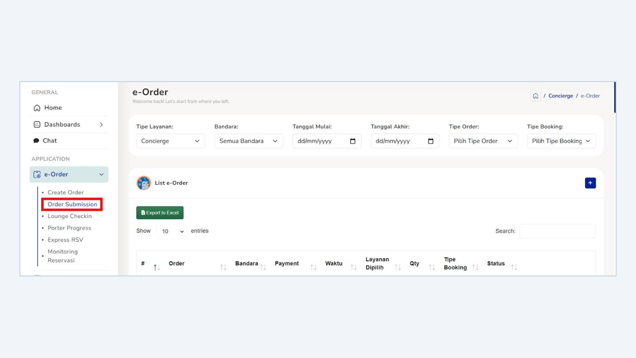 Menu e-Order dan Order Submission pada web admin