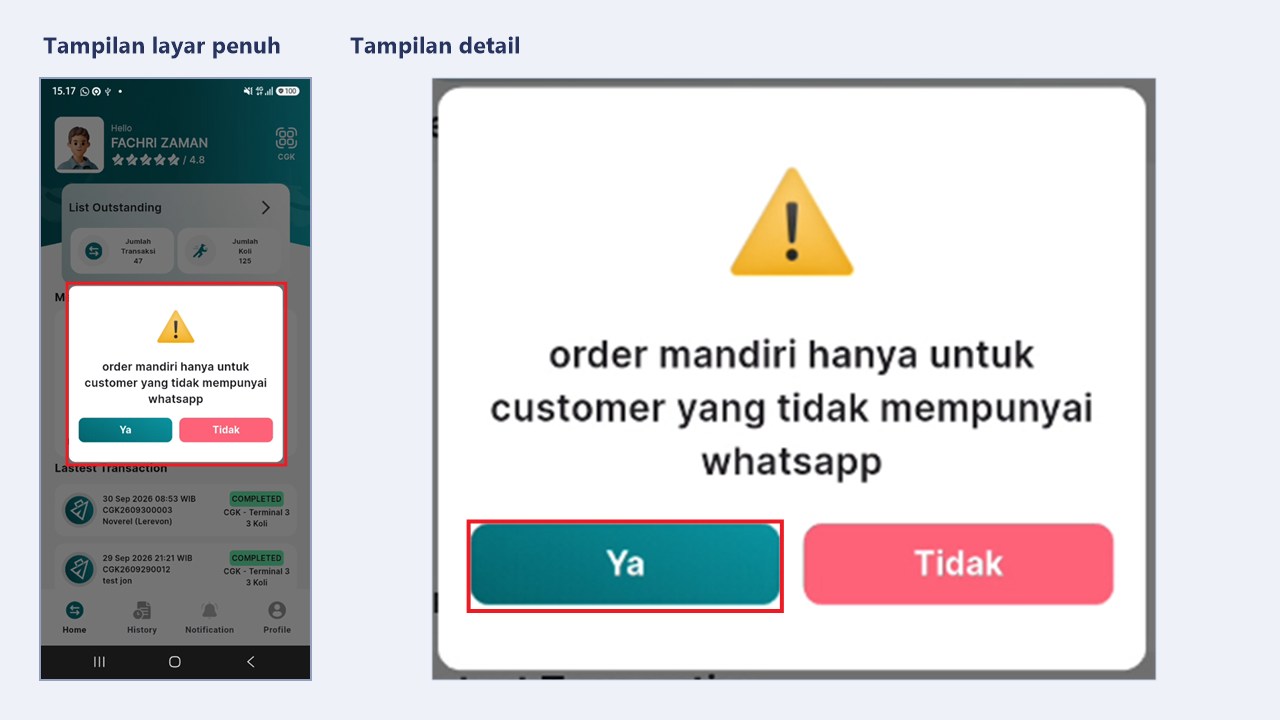 Pesan konfirmasi Order Mandiri dengan tombol Ya dan Tidak