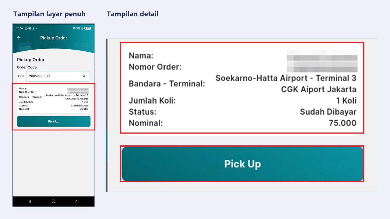 Data order dan tombol Pick Up pada halaman Pickup Order