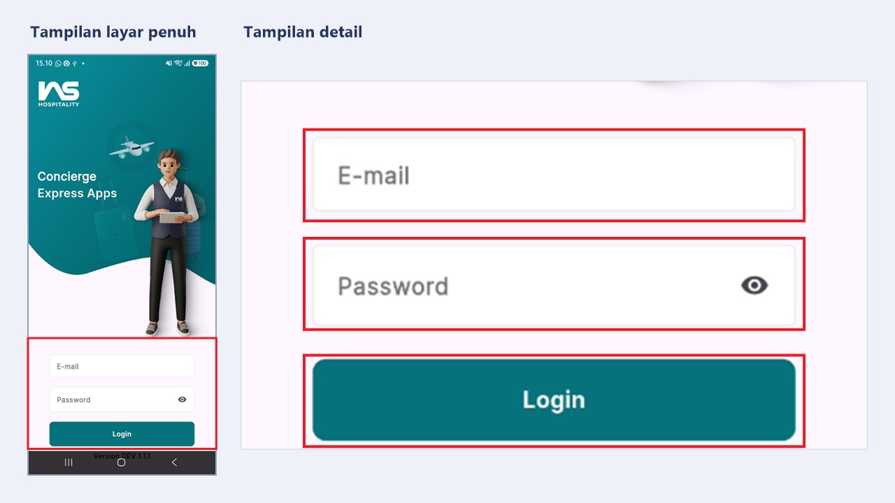 Halaman login aplikasi petugas dengan kolom E-mail, Password, dan tombol Login